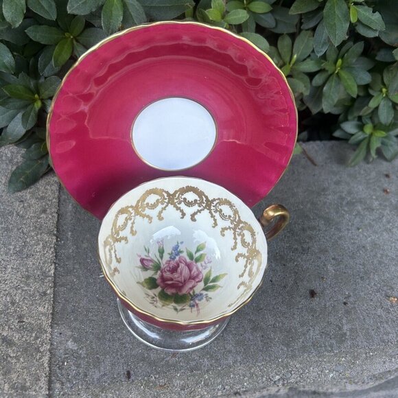 Aynsley Cranberry Red Cabbage Rose Gold Scroll Filagree Footed Cup and Saucer - Picture 3 of 8